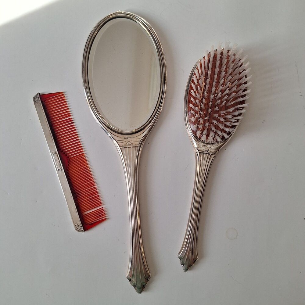 SAART Bros Sterling Silver Mirror & Brush & comb Set Art Deco 3 piece vanity